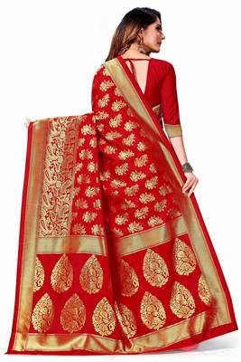 Red woven silk saree with blouse 3