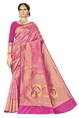 Pink woven silk saree with blouse 1