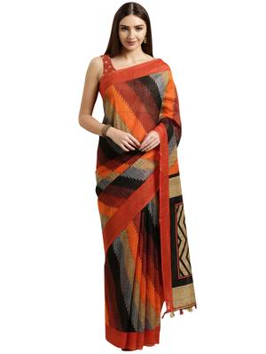 Orange Printed Linen Saree With Blouse 1