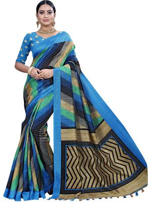 Blue Printed Linen Saree With Blouse 1