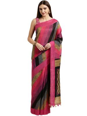 Pink printed linen saree with blouse 1