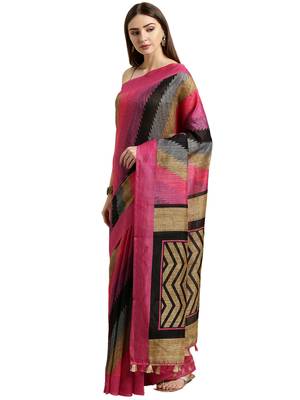 Pink printed linen saree with blouse 2