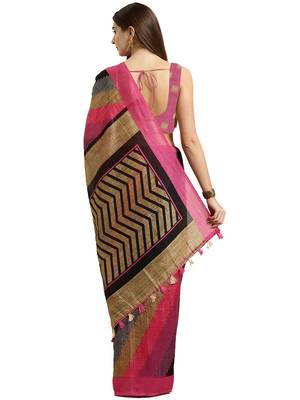 Pink printed linen saree with blouse 3