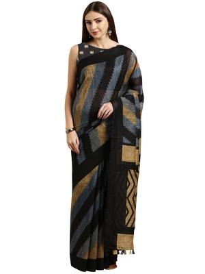 Grey printed linen saree with blouse 1