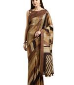 Brown Printed Linen Saree With Blouse
