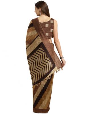 Brown Printed Linen Saree With Blouse 2