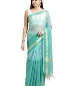 Green Plain Blended Cotton Saree With Blouse
