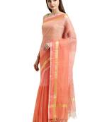 Peach Plain Blended Cotton Saree With Blouse
