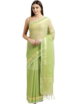 Light Green Plain Blended Cotton Saree With Blouse 1