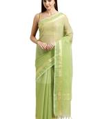 Light Green Plain Blended Cotton Saree With Blouse