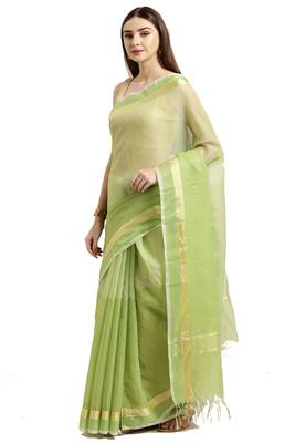 Light Green Plain Blended Cotton Saree With Blouse 2