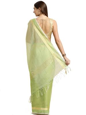 Light Green Plain Blended Cotton Saree With Blouse 3