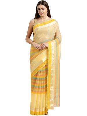 Light Yellow Printed Blended Cotton Saree With Blouse 1