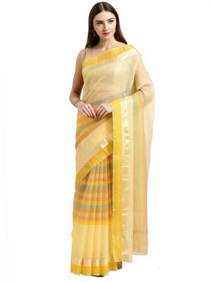 Light Yellow Printed Blended Cotton Saree With Blouse 2