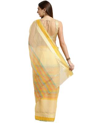 Light Yellow Printed Blended Cotton Saree With Blouse 3