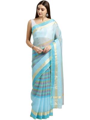 Sky Blue Printed Blended Cotton Saree With Blouse 1