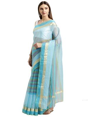 Sky Blue Printed Blended Cotton Saree With Blouse 2