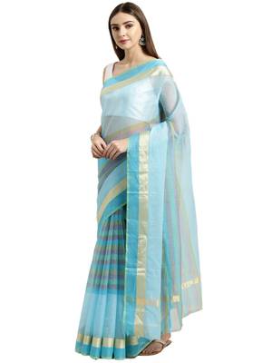 Sky Blue Printed Blended Cotton Saree With Blouse 3
