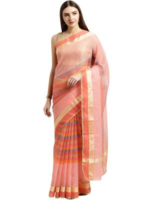 Light Pink Printed Blended Cotton Saree With Blouse 1