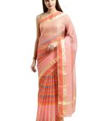 Light Pink Printed Blended Cotton Saree With Blouse