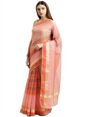 Light Pink Printed Blended Cotton Saree With Blouse 2