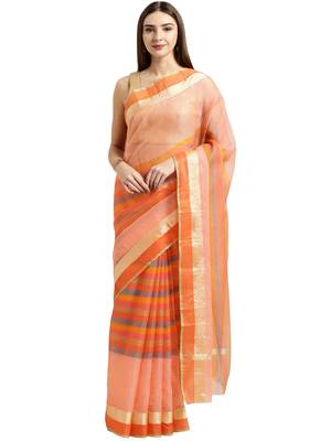Peach Printed Blended Cotton Saree With Blouse 1
