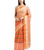 Peach Printed Blended Cotton Saree With Blouse