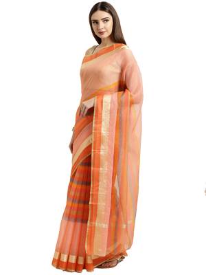 Peach Printed Blended Cotton Saree With Blouse 2