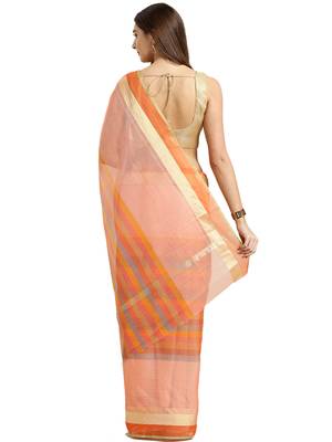 Peach Printed Blended Cotton Saree With Blouse 3