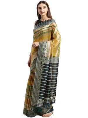 Beige Printed Silk Saree With Blouse 3