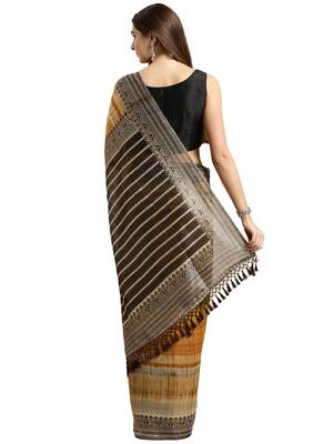 Beige Printed Silk Saree With Blouse 3