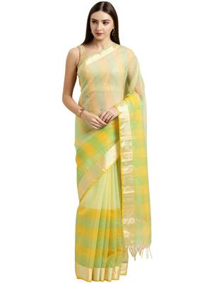 Yellow Printed Blended Cotton Saree With Blouse 1