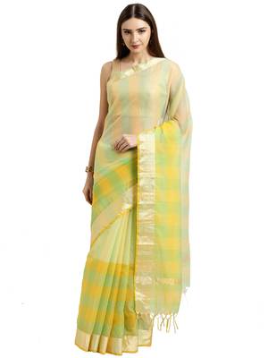 Yellow Printed Blended Cotton Saree With Blouse 2
