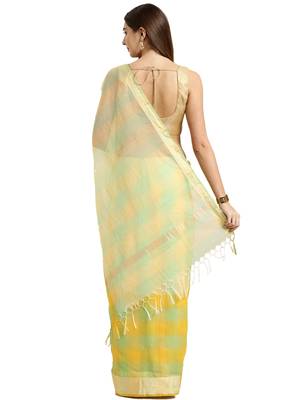 Yellow Printed Blended Cotton Saree With Blouse 3