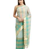Turquoise Printed Blended Cotton Saree With Blouse