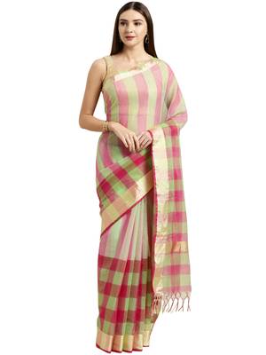 Pink Printed Blended Cotton Saree With Blouse 1