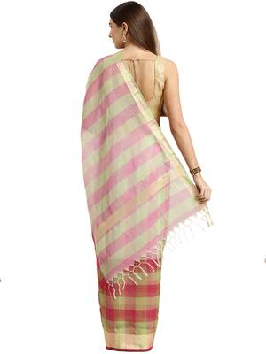 Pink Printed Blended Cotton Saree With Blouse 2