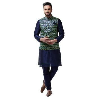 Blue Plain Dupion Silk Kurta Pajama 1