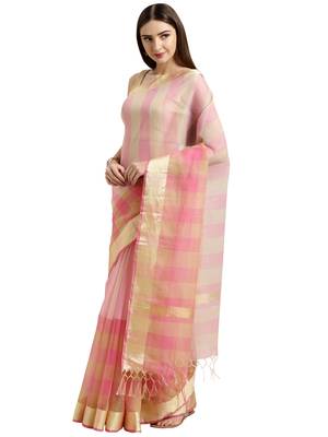 Pink Printed Blended Cotton Saree With Blouse 1