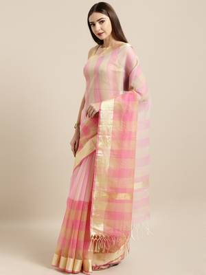 Pink Printed Blended Cotton Saree With Blouse 2