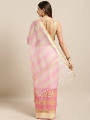 Pink Printed Blended Cotton Saree With Blouse 3
