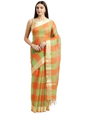 Orange Printed Blended Cotton Saree With Blouse 1
