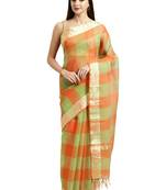 Orange Printed Blended Cotton Saree With Blouse