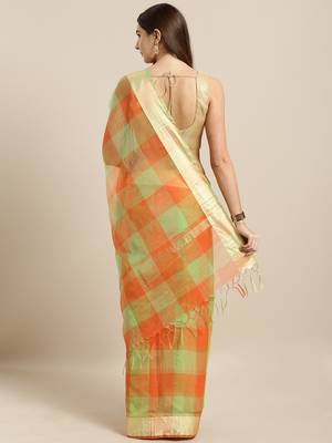 Orange Printed Blended Cotton Saree With Blouse 2