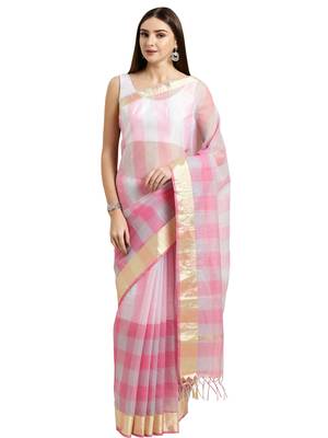 Pink Printed Blended Cotton Saree With Blouse 1