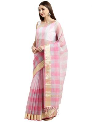Pink Printed Blended Cotton Saree With Blouse 2