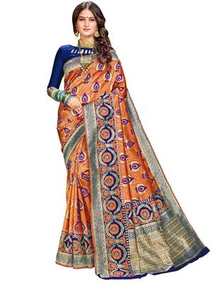 Orange woven silk saree with blouse 1