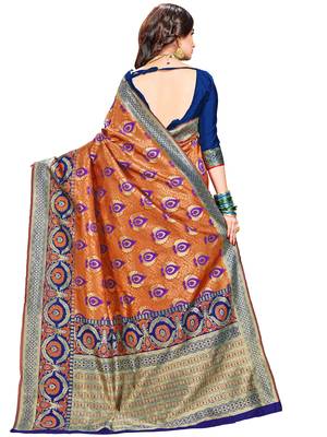 Orange woven silk saree with blouse 3