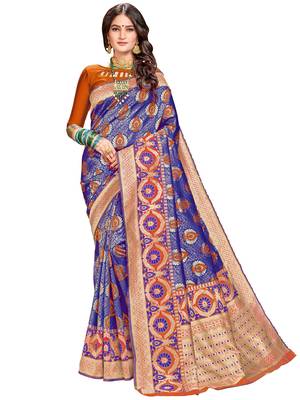 Blue woven silk saree with blouse 1