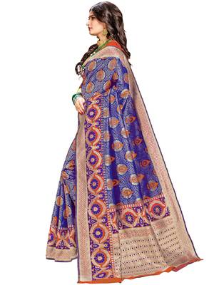 Blue woven silk saree with blouse 2